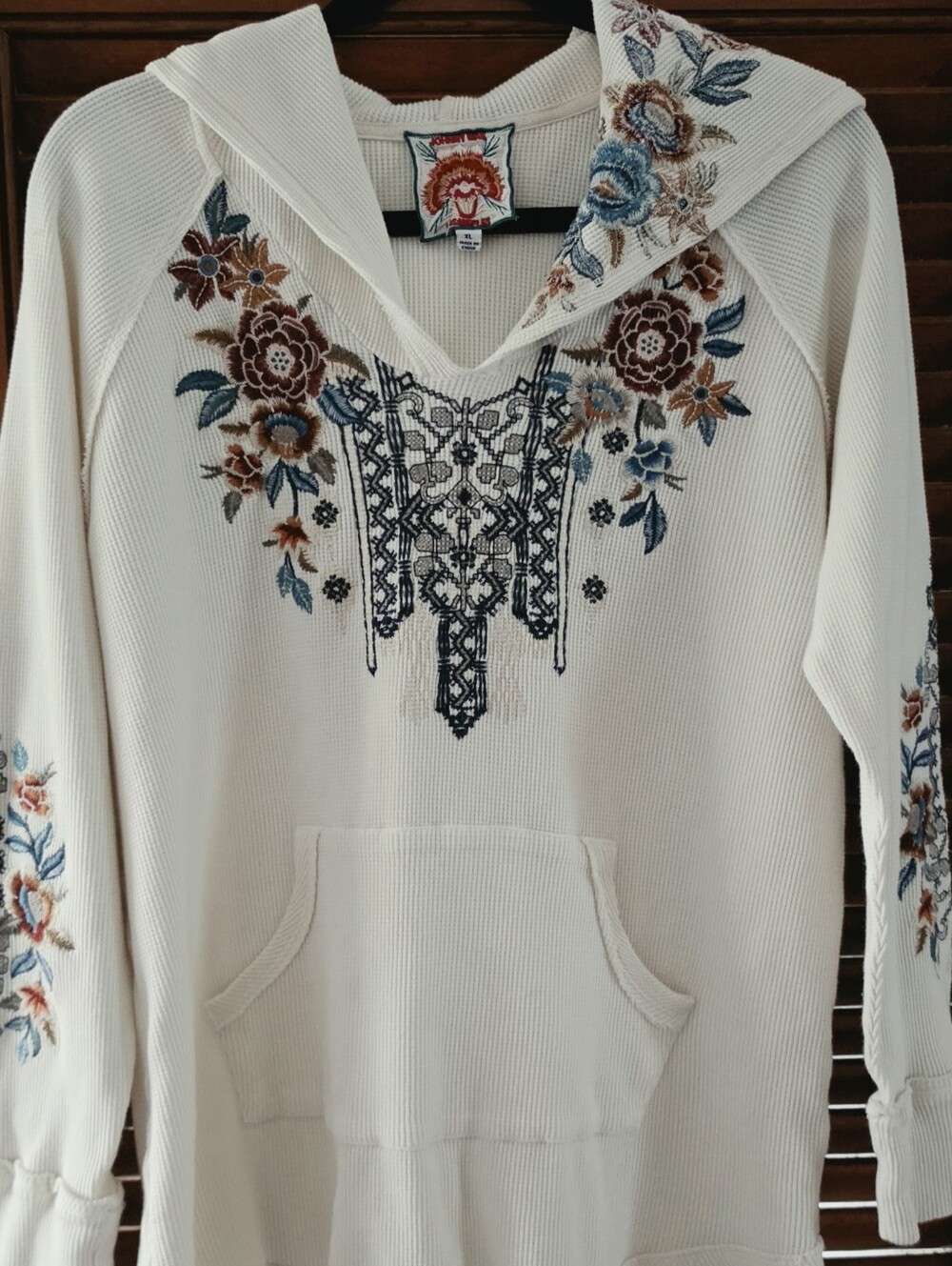 Johnny Was hoodie sweater top cotton floral embroidery XL XXL ecru white